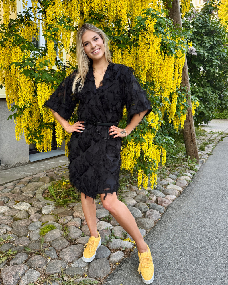 KIMONO FRINGE DRESS BLACK