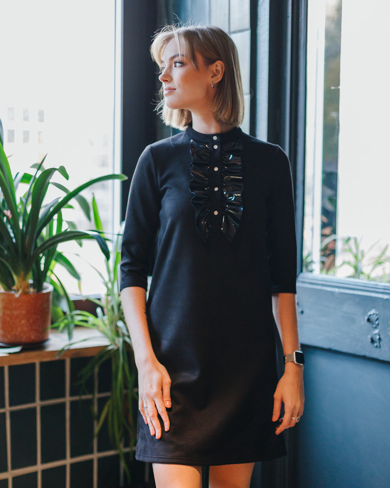 LATEX FRILL LINE DRESS SUEDE BLACK