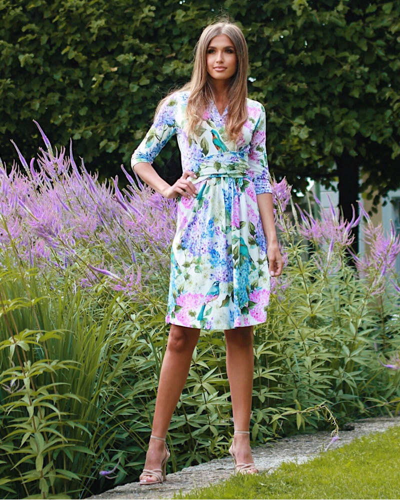 LILAC BLOSSOMS & BIRD ELEGANT DRESS WHITE
