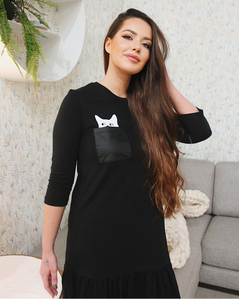 KITTY POCKET FRILL DRESS BLACK