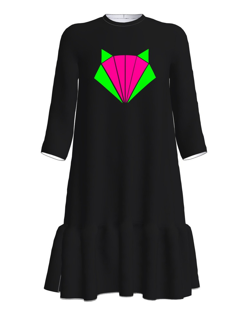 COLORFUL FOX PRINT FRILL DRESS BLACK