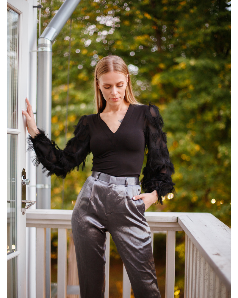 FRINGE LONG SLEEVES V-NECK SHIRT BLACK