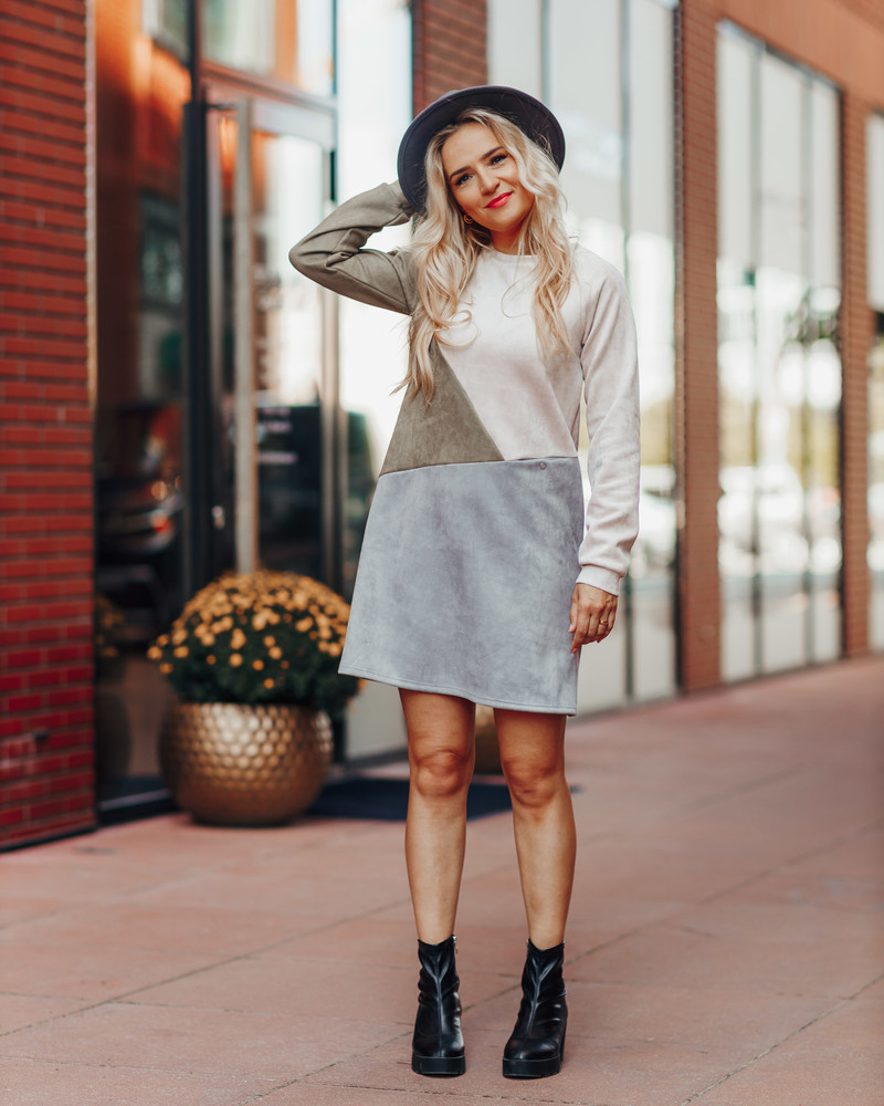 GEOMETRIC SUEDE DRESS OLIVE GREY