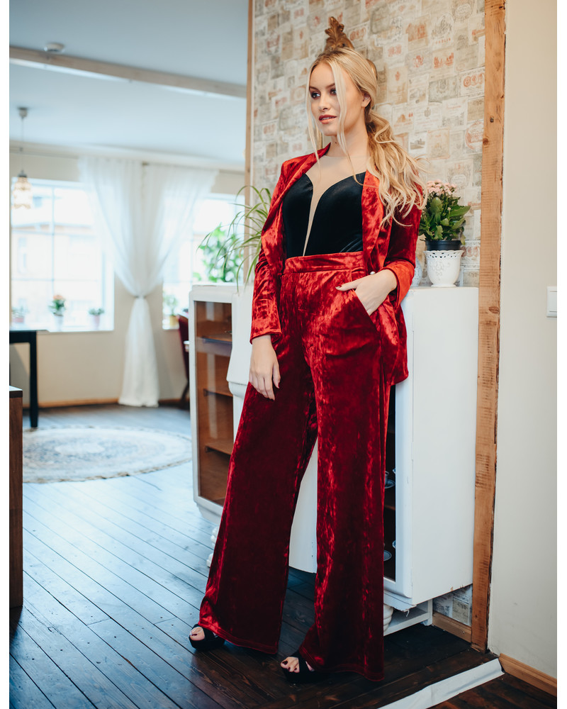 WIDE PANTS PATCHY VELVET RED