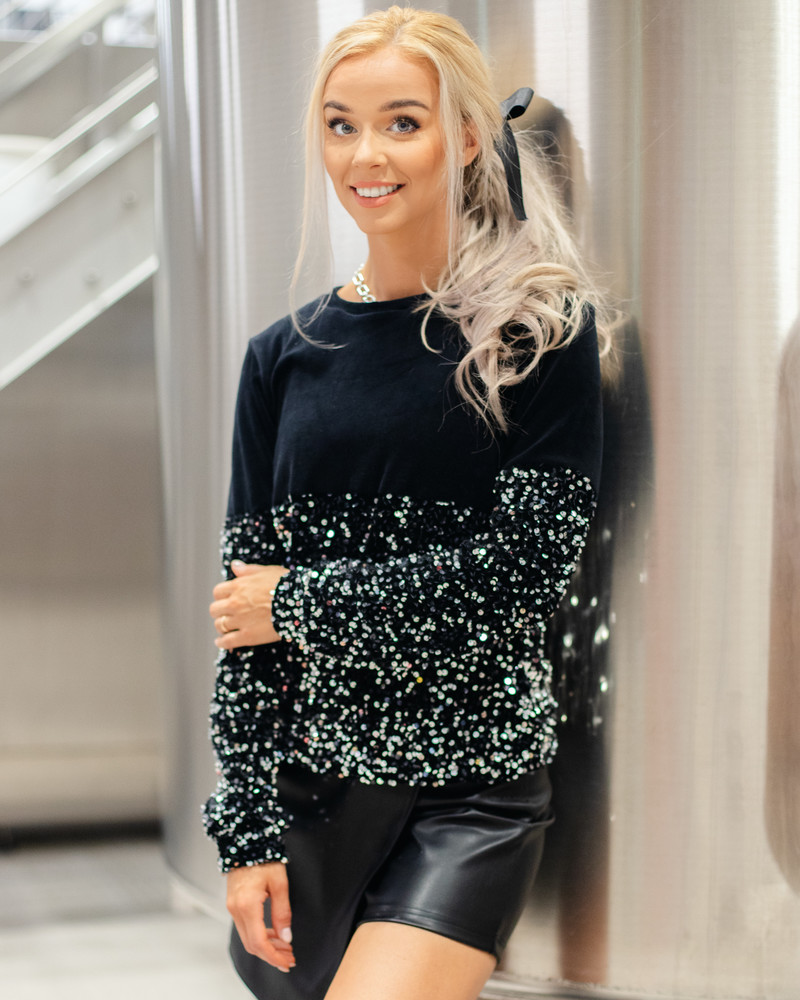 SILVER SEQUIN SLEEVES SWEATSHIRT BLACK