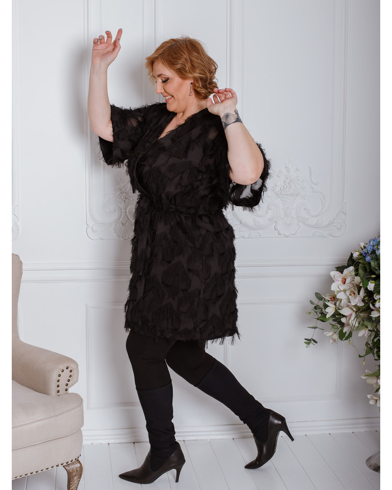 KIMONO FRINGE DRESS BLACK