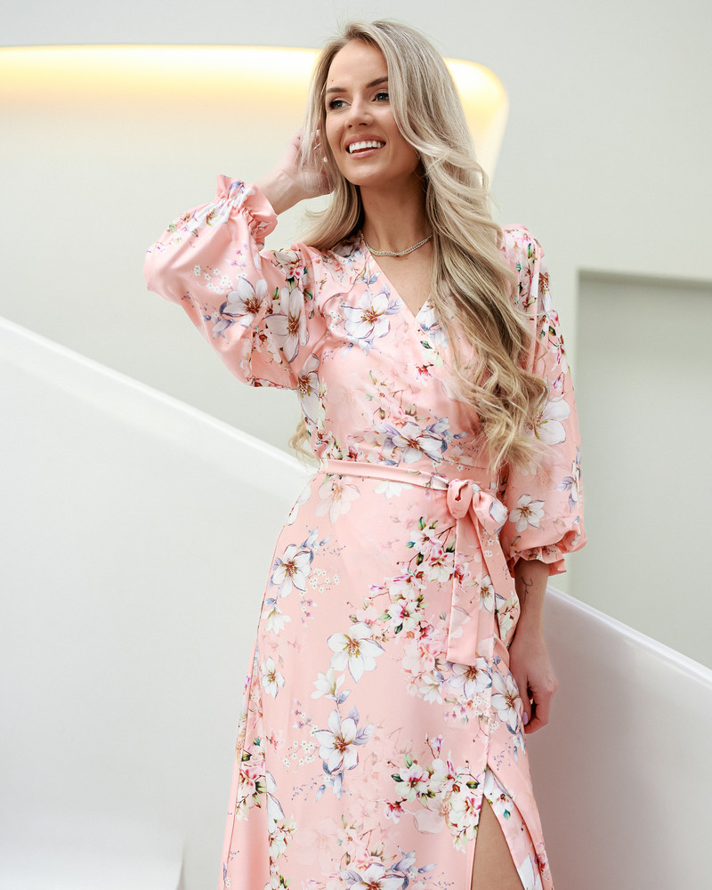 WRAP LONG DRESS SILKY FLOWER PEACHY