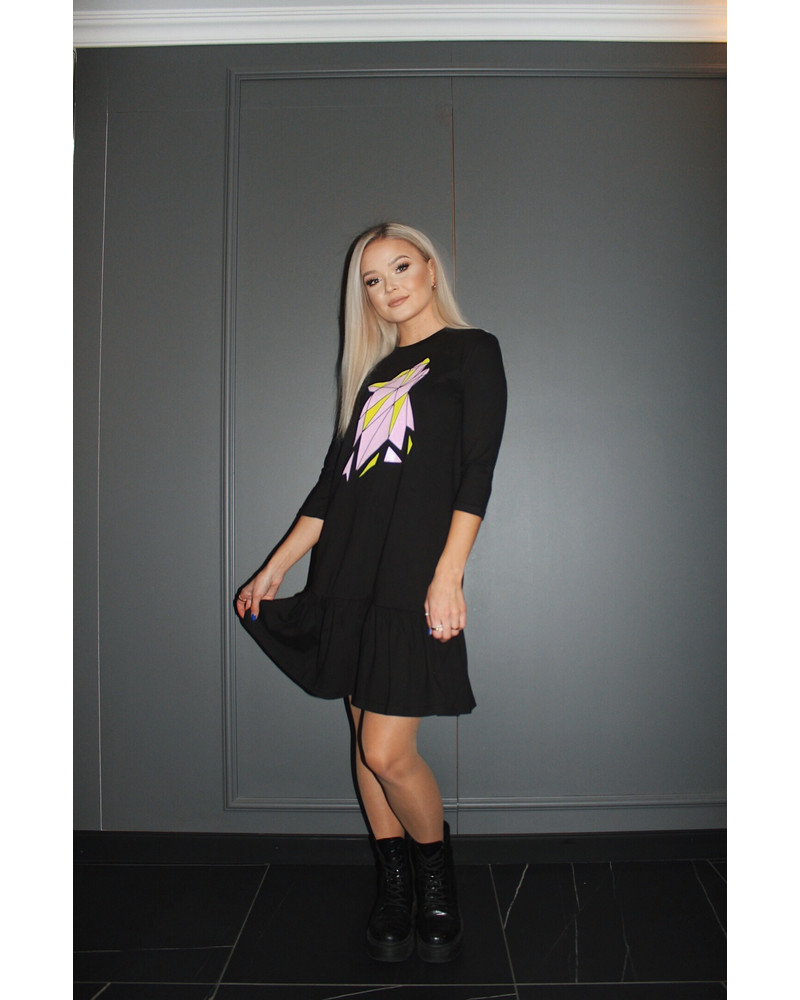 COLOR ABSTRACT WOLF FRILL DRESS BLACK