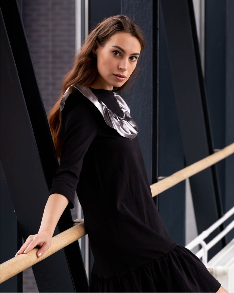METALLIC LEATHER FRILL DRESS BLACK
