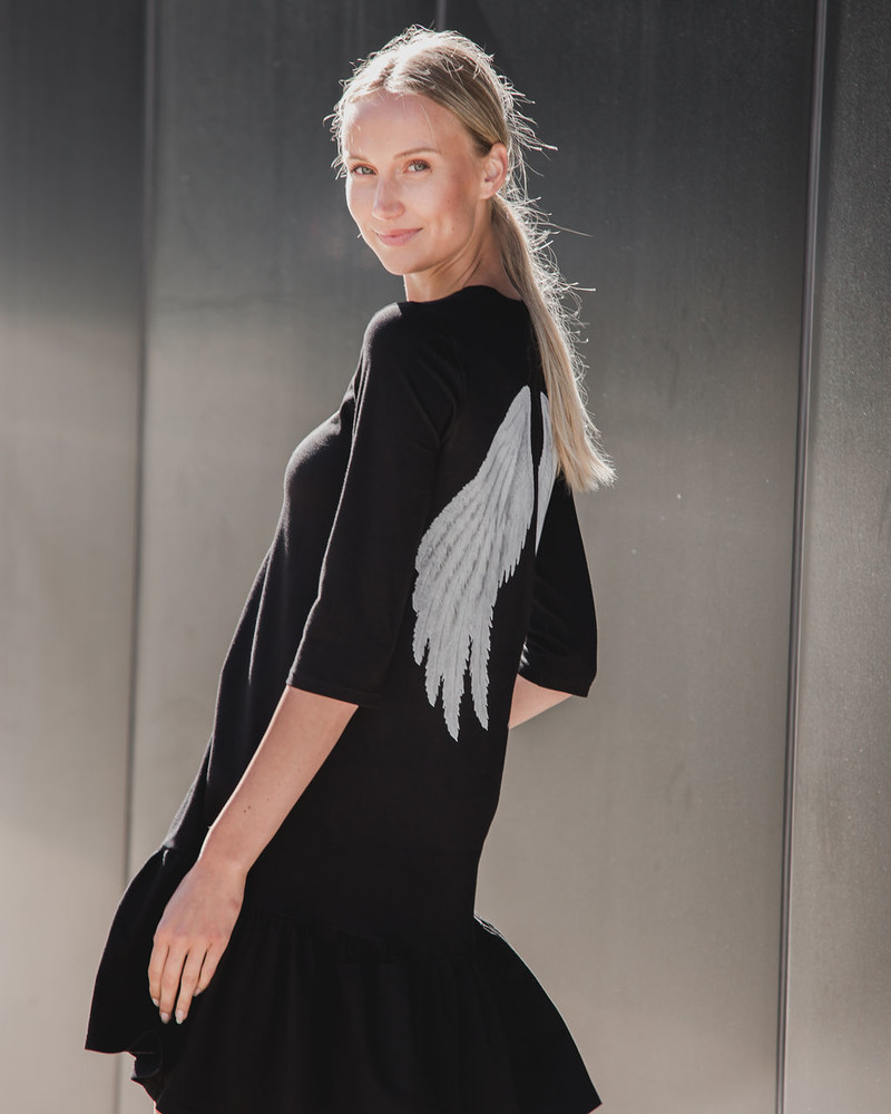 ANGEL PRINT FRILL DRESS BLACK