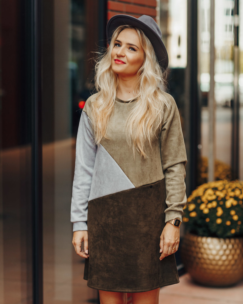 GEOMETRIC SUEDE DRESS GREY DARK GREEN