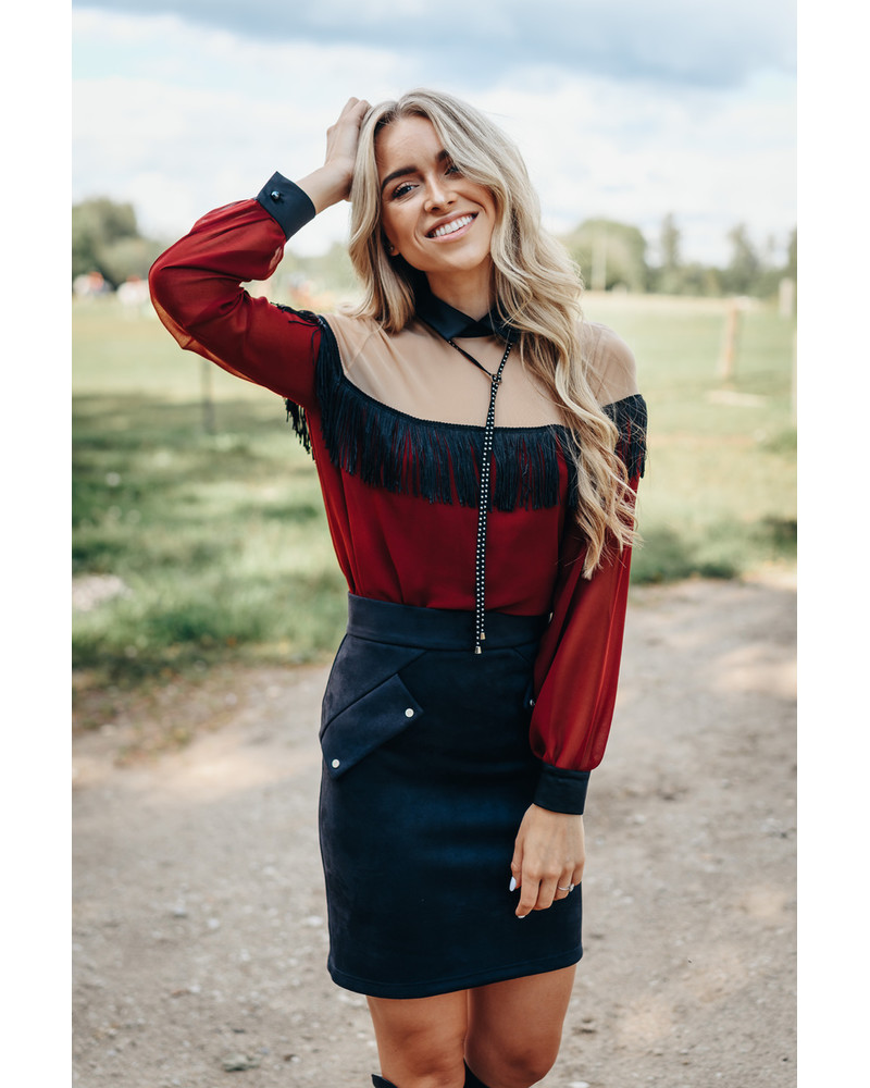 MESH & BORDEAUX FRINGE SHIRT