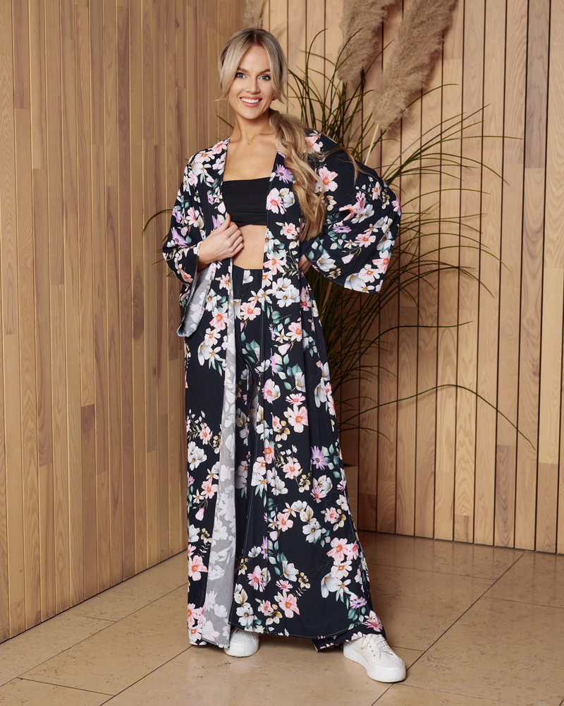SUMMER FLOWER FLYAWAY KIMONO BLACK