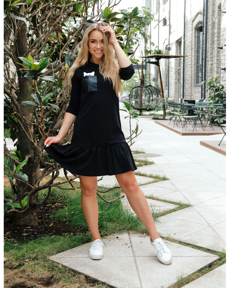 KITTY POCKET FRILL DRESS BLACK