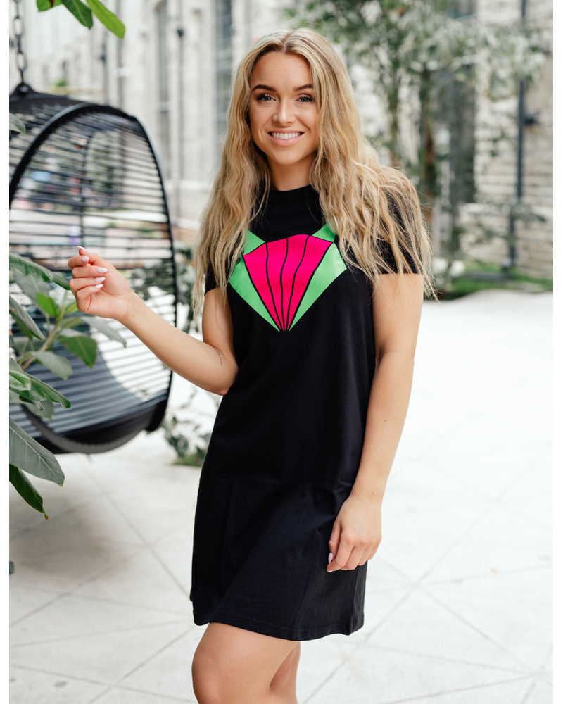 BRIGHT FOX PRINT DRESS BLACK