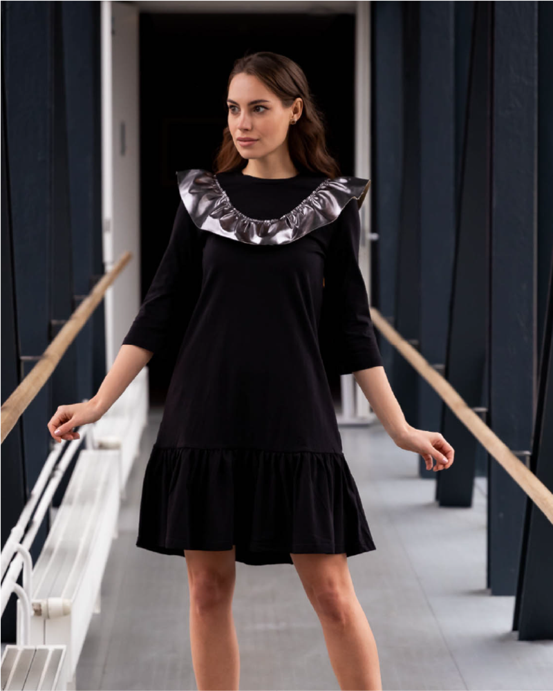 METALLIC LEATHER FRILL DRESS BLACK