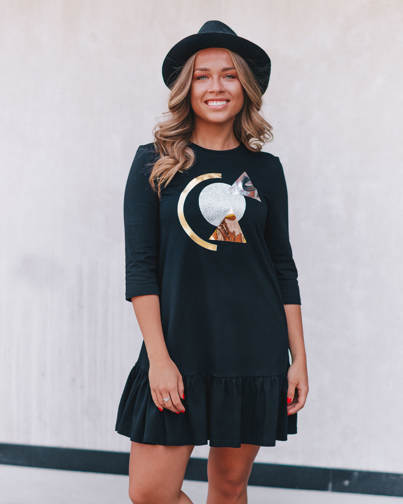 SPARKLE GOLD ABSTRACT FRILL DRESS BLACK