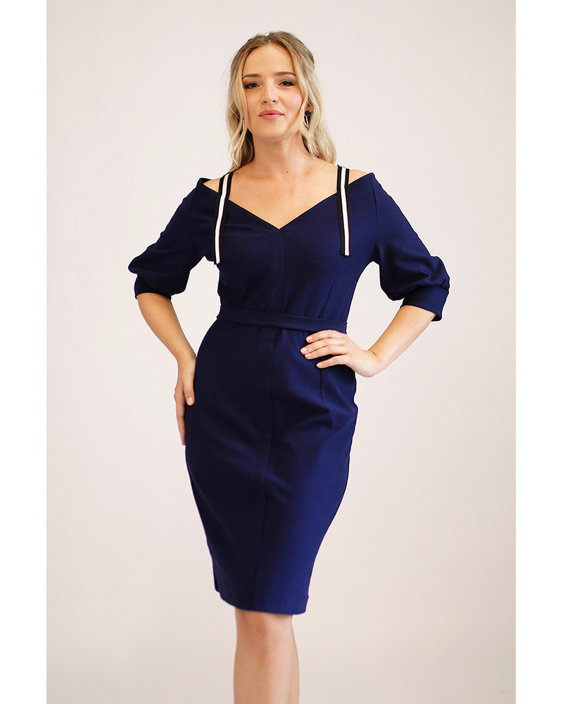 NAVY WIDE V-NECK DRESS