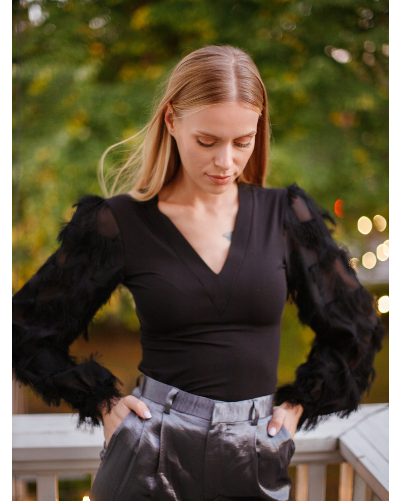 FRINGE LONG SLEEVES V-NECK SHIRT BLACK