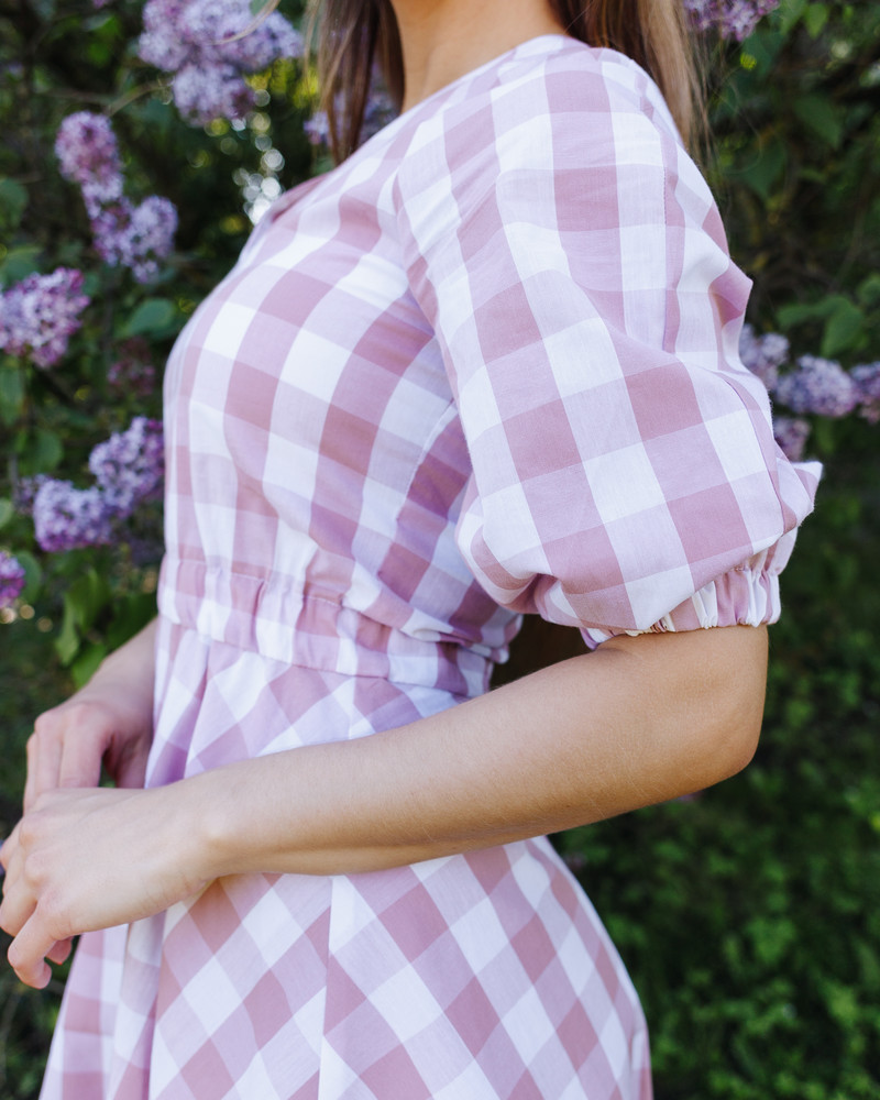 CHEQUERED PUFF CIRCLE DRESS MAUVE