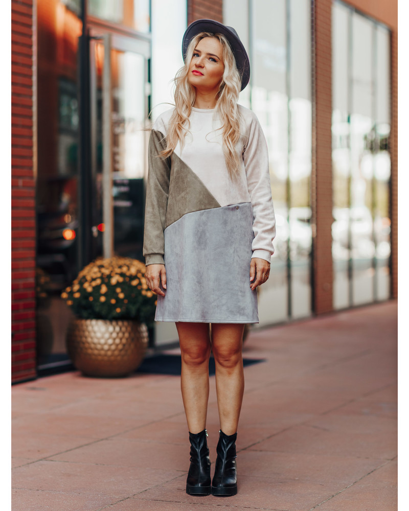 GEOMETRIC SUEDE DRESS OLIVE GREY