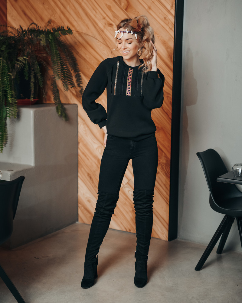 ETHNIC PUFF SLEEVES SWEATSHIRT BLACK
