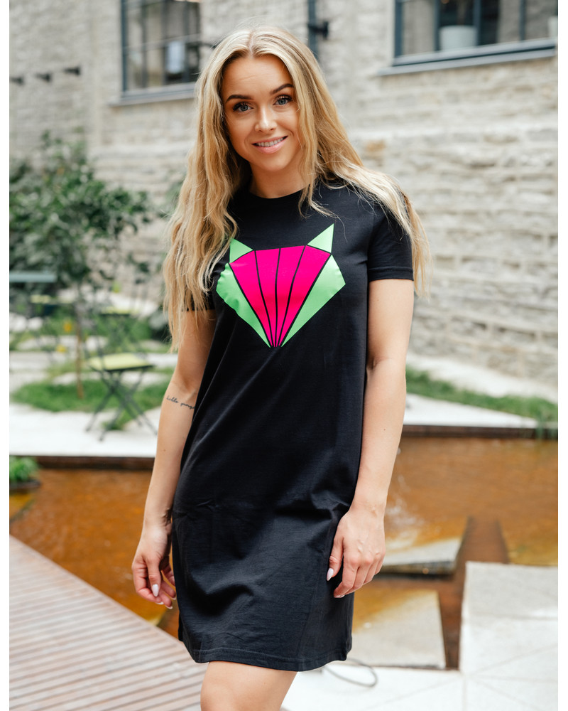 BRIGHT FOX PRINT DRESS BLACK