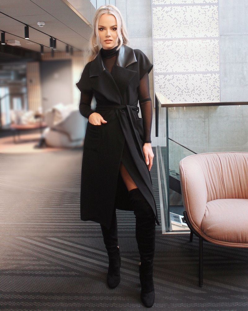 LEATHER COLLAR WRAP MIDI DRESS BLACK