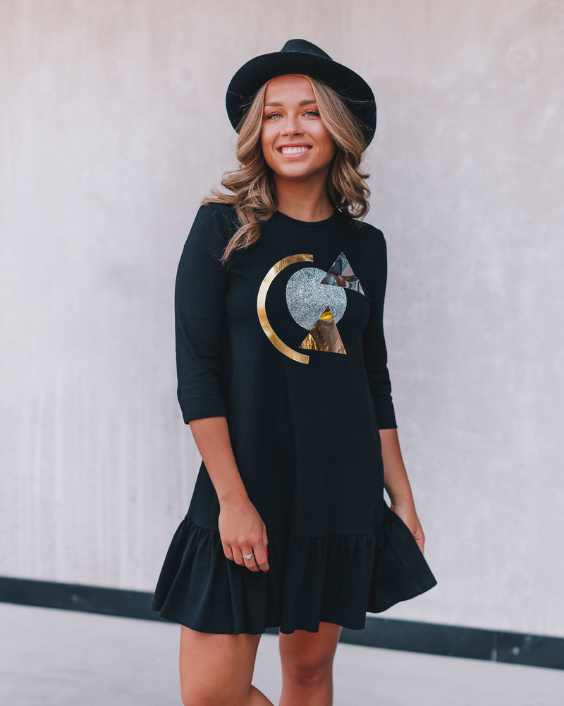 SPARKLE GOLD ABSTRACT FRILL DRESS BLACK