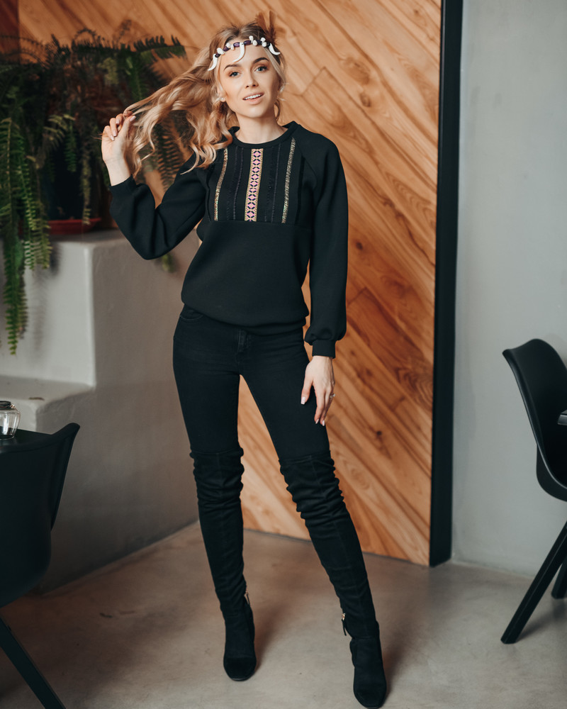 ETHNIC PUFF SLEEVES SWEATSHIRT BLACK