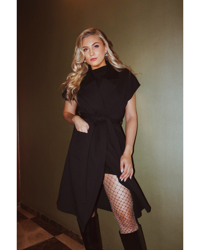 LEATHER COLLAR WRAP MIDI DRESS BLACK