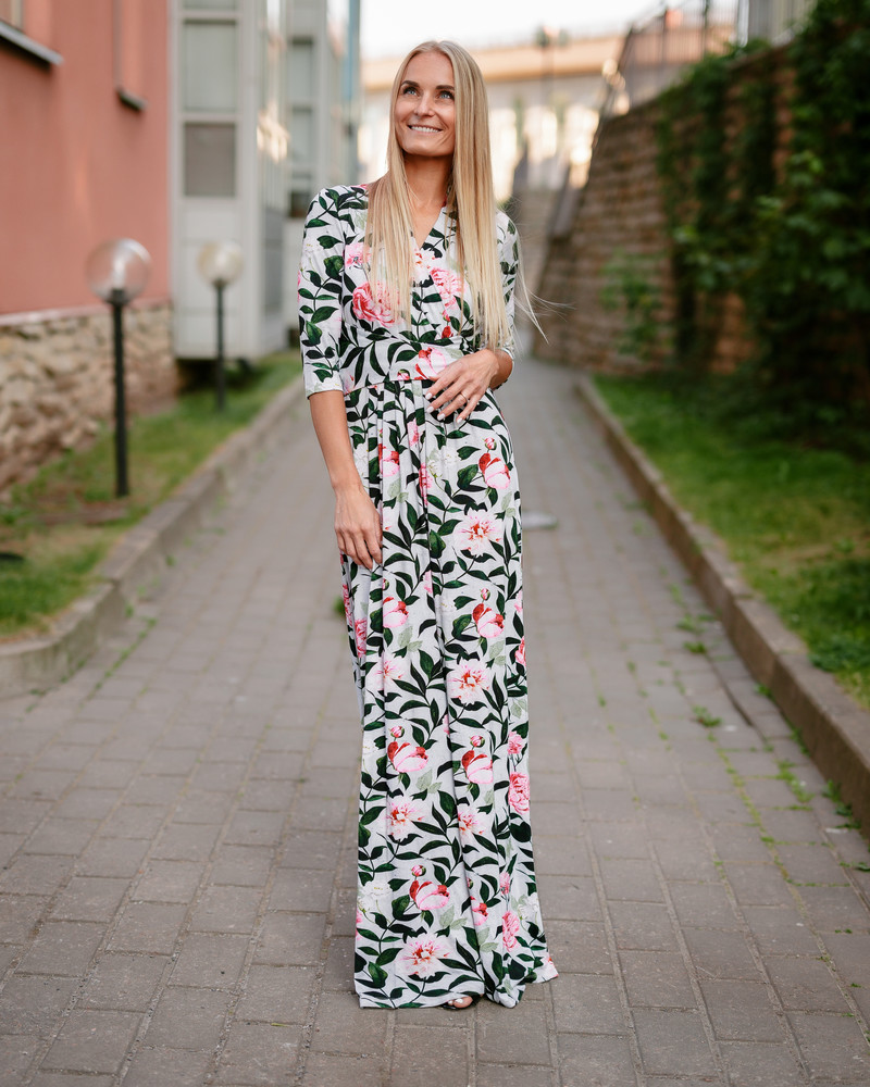 PINK PEONY MAXI ELEGANT DRESS AQUA
