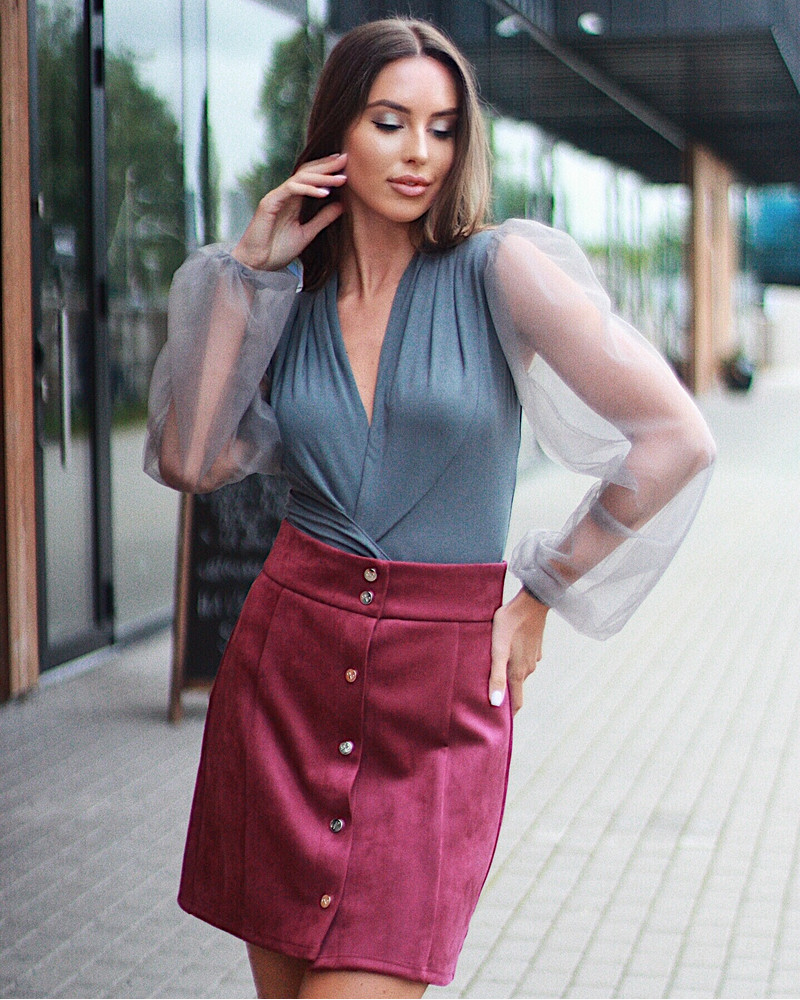 GREY BODY WITH LONG MESH SLEEVES