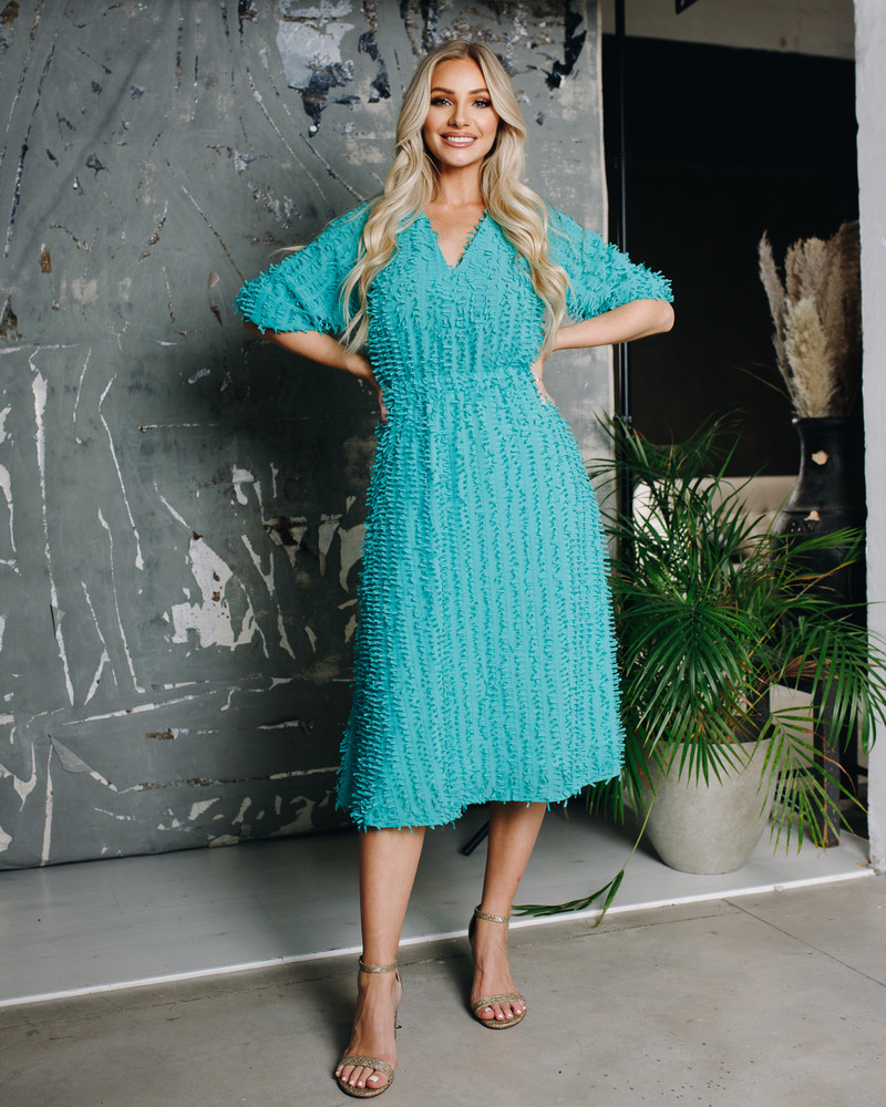 FRINGE PUFF SLEEVES MIDI DRESS MINT