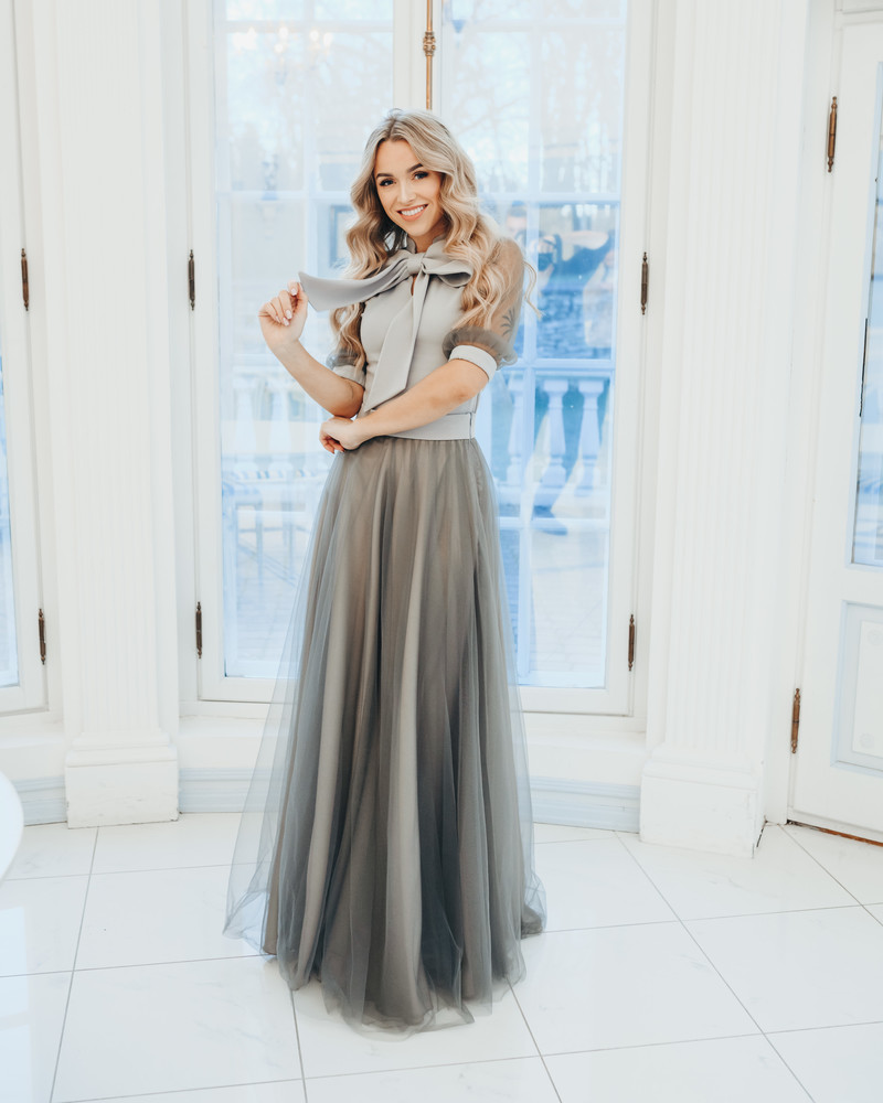 BIG BOW MESH BLOUSE GREY