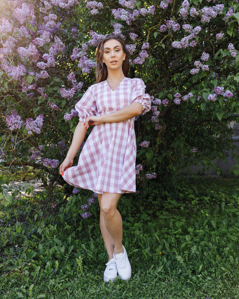 CHEQUERED PUFF CIRCLE DRESS MAUVE