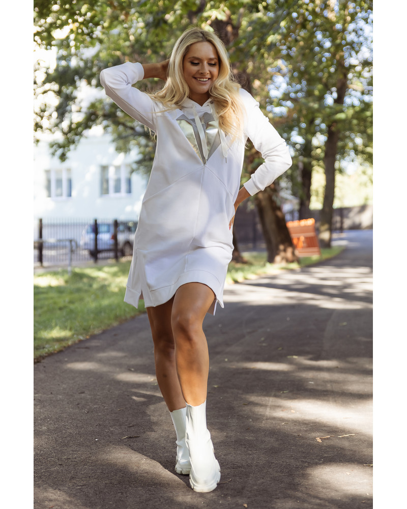 DIAMOND HOODED SWEATER DRESS WHITE