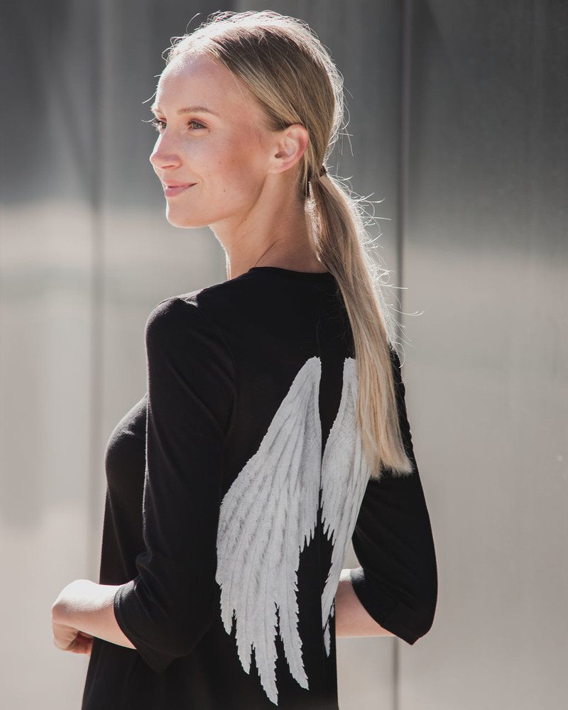 ANGEL PRINT FRILL DRESS BLACK