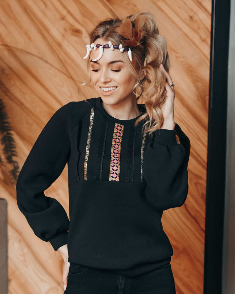 ETHNIC PUFF SLEEVES SWEATSHIRT BLACK