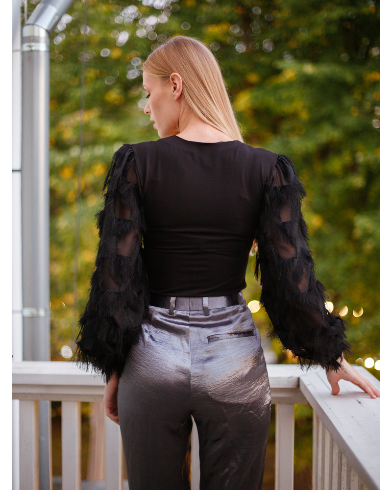 FRINGE LONG SLEEVES V-NECK SHIRT BLACK