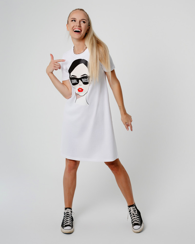 GIRL BOSS PRINT DRESS WHITE