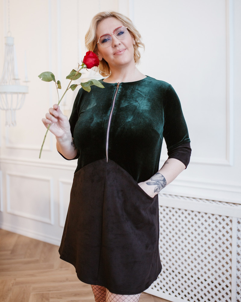 ZIPPER DRESS VELVET GREEN BLACK