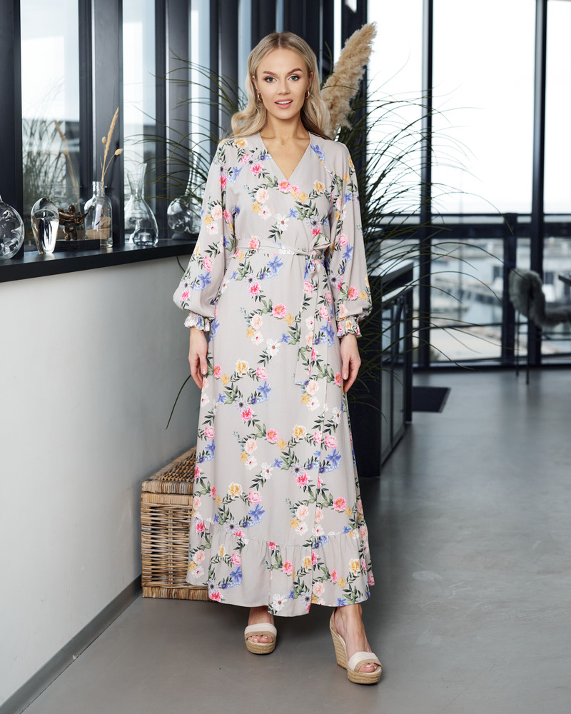 WRAP LONG DRESS FLOWER GREY