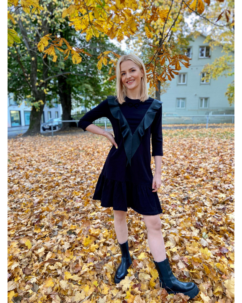 LEATHER BOW FRILL DRESS BLACK