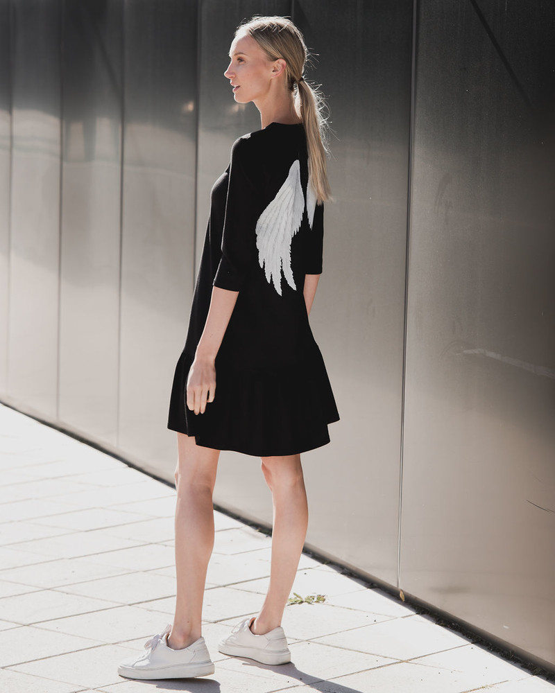 ANGEL PRINT FRILL DRESS BLACK