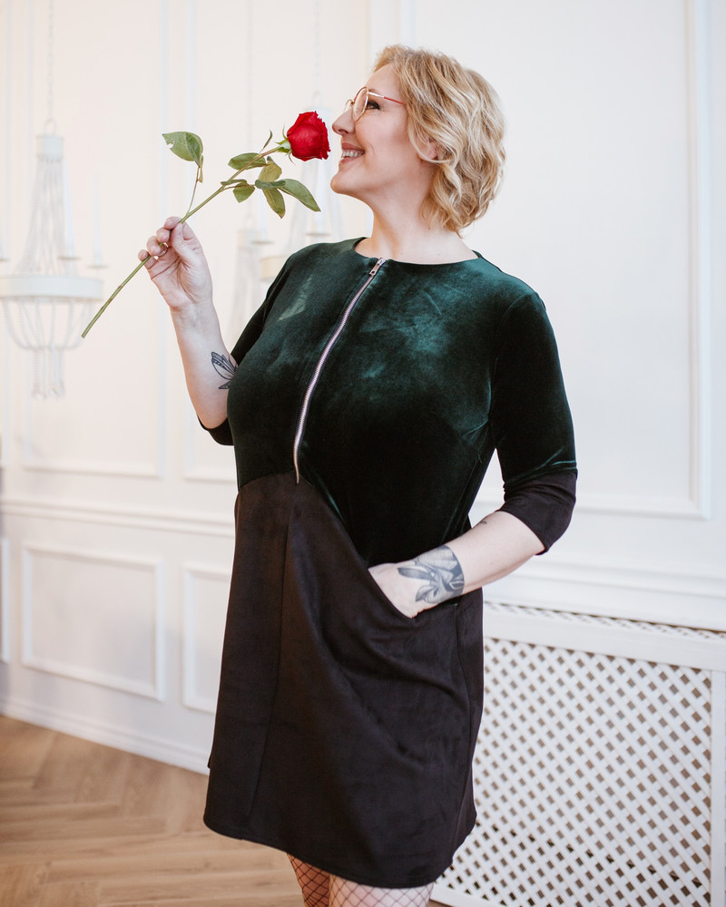 ZIPPER DRESS VELVET GREEN BLACK