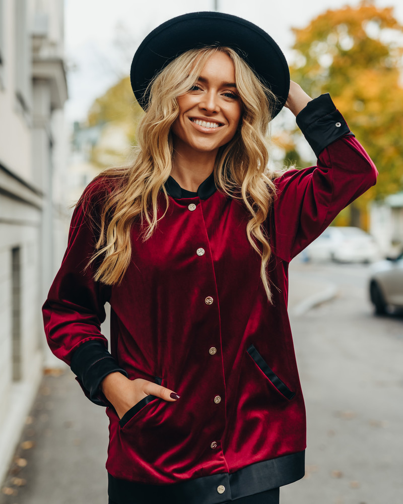 UNISEX BORDEAUX VELVET BOMBER JACKET