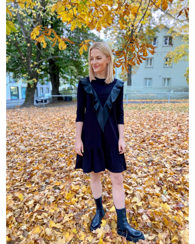 LEATHER BOW FRILL DRESS BLACK