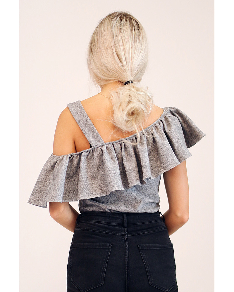 GREY ASYMMETRIC FRILL TOP