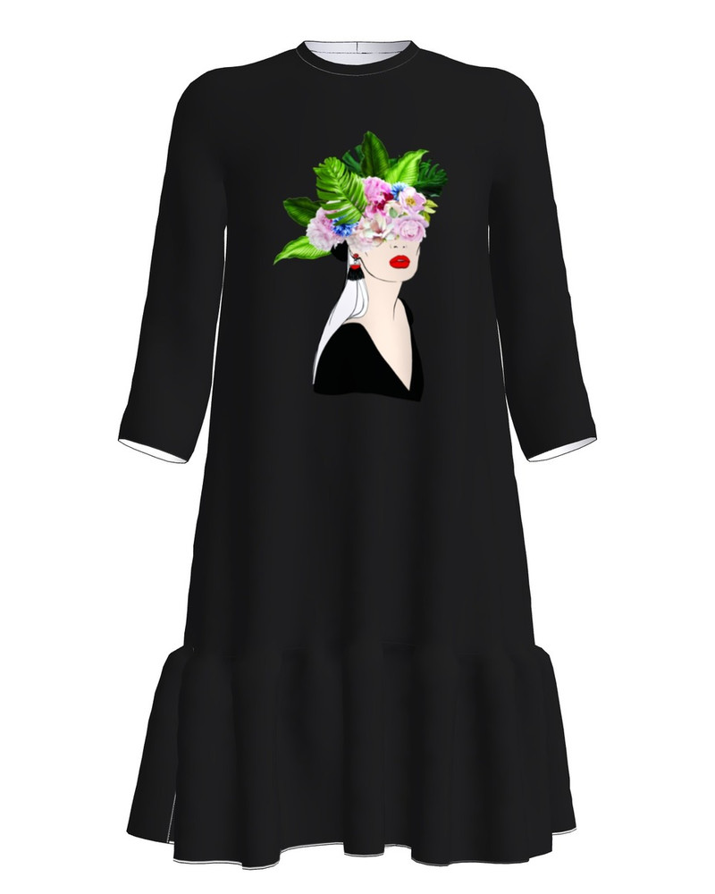 FLORAL HEAD FRILL DRESS BLACK
